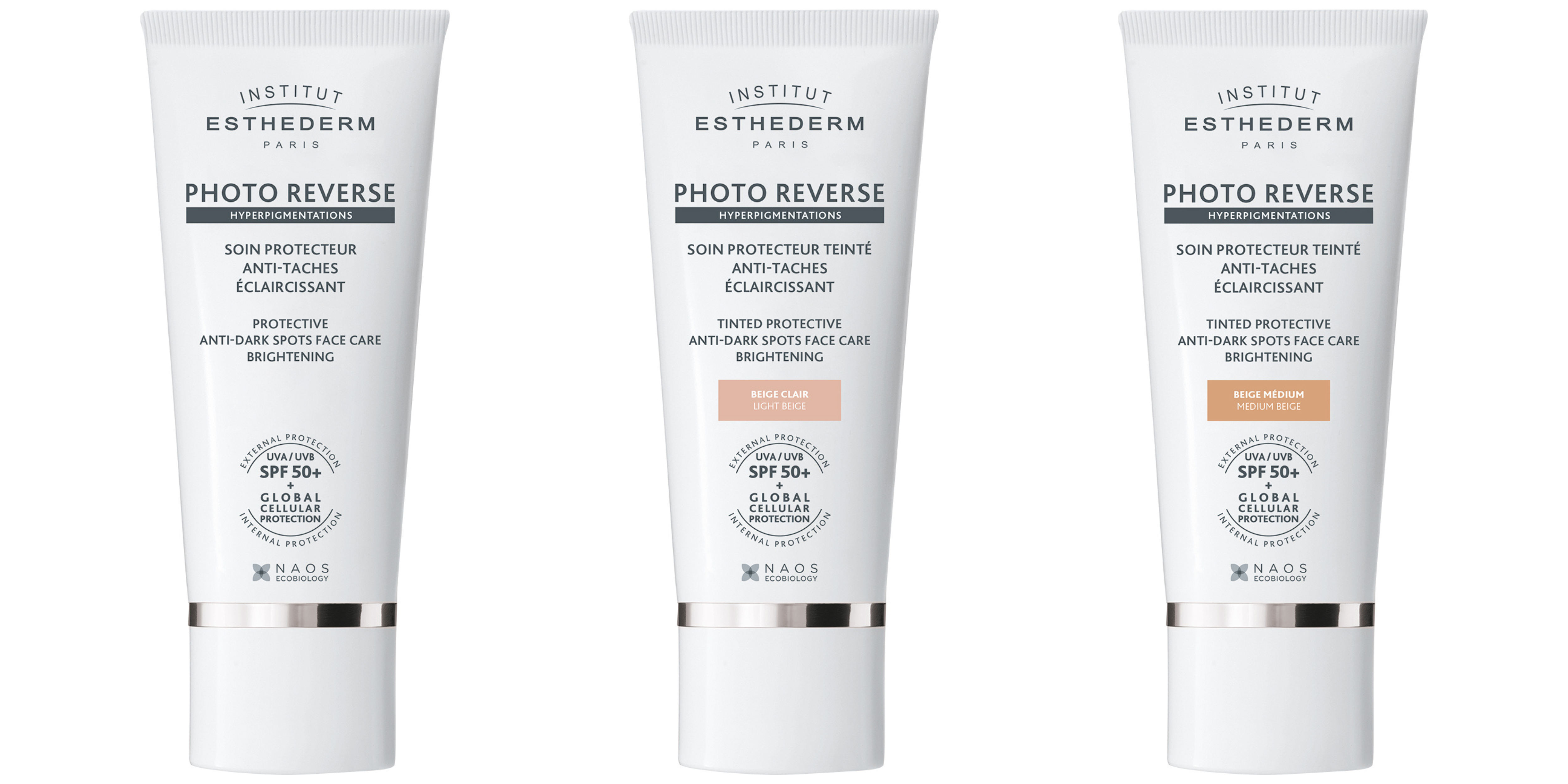 Protector solar anti-manchas Institut Esthederm Photo Reverse SPF 50+, disponible en versión clásica y con color beige claro y beige medio, ideal para prevenir y corregir hiperpigmentación en el rostro.
