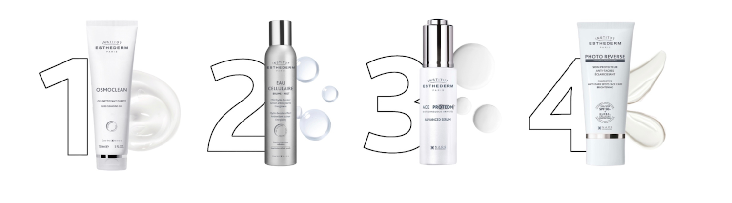 Rutina facial Esthederm: Osmoclean, Eau Cellulaire, Age Proteom Sérum y Photo Reverse para proteger y rejuvenecer.