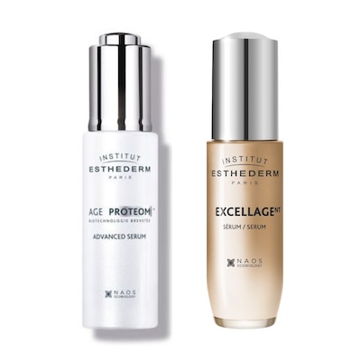 Sérums antienvejecimiento de Institut Esthederm: Age Proteom Advanced Serum y Excellage Serum, diseñados para revitalizar, proteger y fortalecer la piel madura con tecnología biomimética avanzada